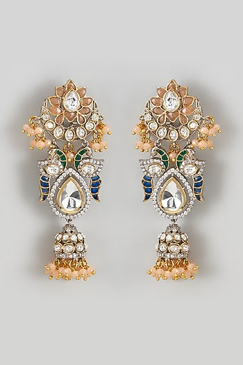 Gold Finish Orange Kundan Polki Chandbali Earrings