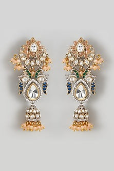 Gold Finish Orange Kundan Polki Chandbali Earrings