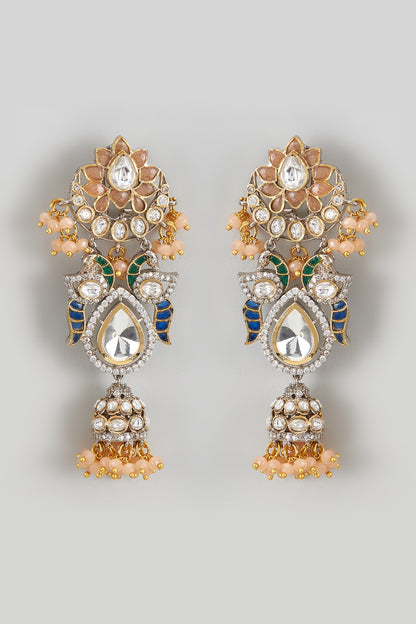 Gold Finish Orange Kundan Polki Chandbali Earrings