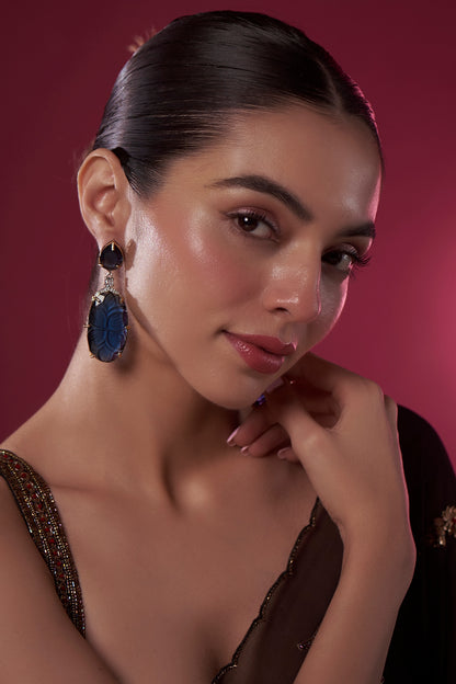 Gold Finish Blue Kundan Polki Dangler Earrings