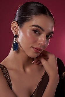 Gold Finish Blue Kundan Polki Dangler Earrings