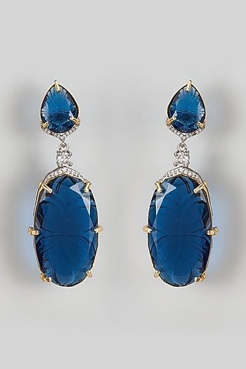 Gold Finish Blue Kundan Polki Dangler Earrings