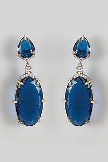 Gold Finish Blue Kundan Polki Dangler Earrings