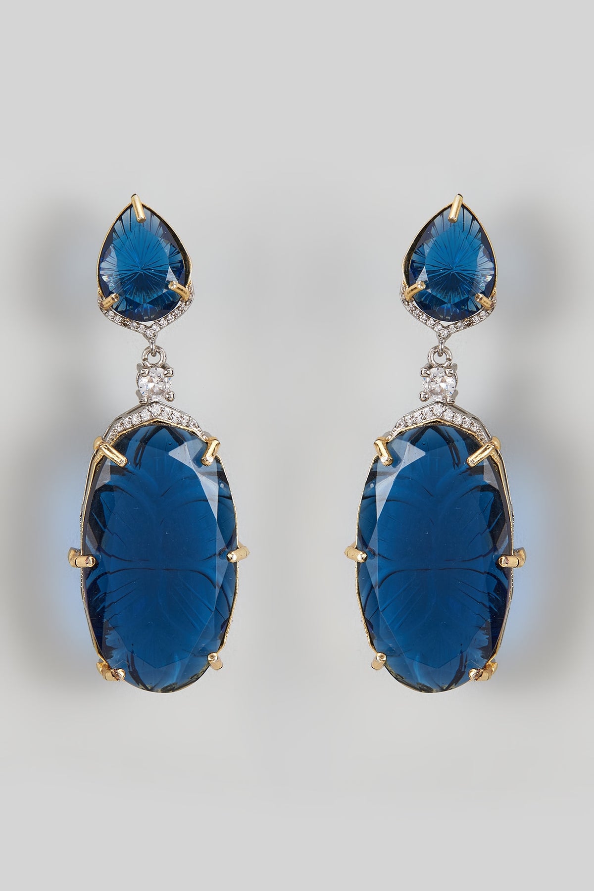 Gold Finish Blue Kundan Polki Dangler Earrings