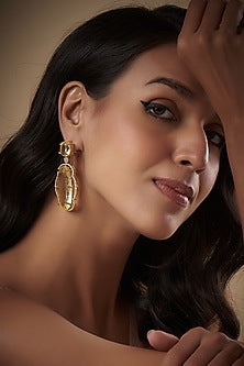 Gold Finish Yellow Kundan Polki Dangler Earrings