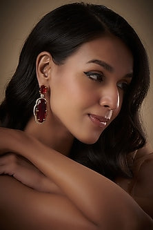 Gold Finish Red Kundan Polki Dangler Earrings