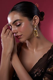 Gold Finish Yellow Kundan Polki Dangler Earrings