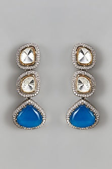 White Finish Blue Kundan Polki Dangler Earrings