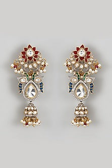 Gold Finish Red Kundan Polki Chandbali Earrings