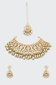 Gold Finish White Kundan Polki Necklace Set