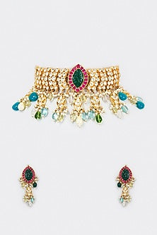 Gold Finish Pink Kundan Polki Necklace