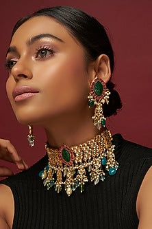 Gold Finish Pink Kundan Polki Necklace