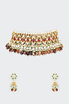 Gold Finish White Kundan Polki Necklace Set