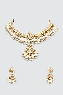 Gold Finish White Kundan Polki Necklace Set