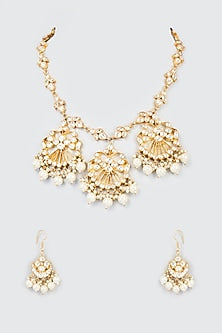 Gold Finish White Kundan Polki Long Necklace Set