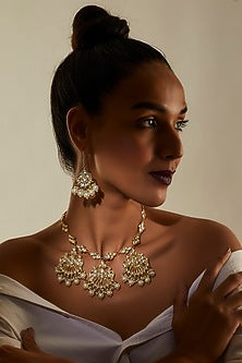 Gold Finish White Kundan Polki Long Necklace Set
