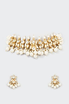 Gold Finish White Kundan Polki Choker Necklace Set