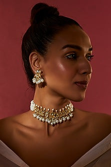 Gold Finish White Kundan Polki Choker Necklace Set