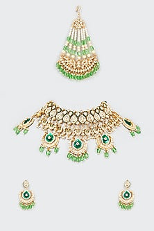 Gold Finish Green Kundan Polki Necklace Set
