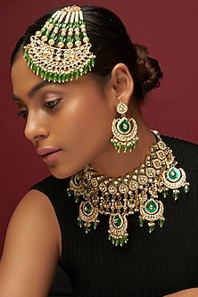 Gold Finish Green Kundan Polki Necklace Set