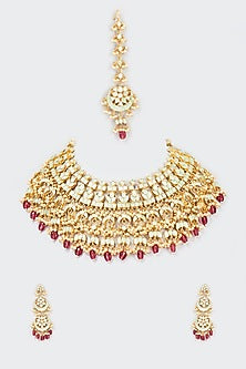 Gold Finish Green Kundan Polki Necklace Set