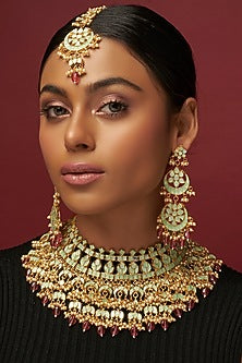Gold Finish Green Kundan Polki Necklace Set
