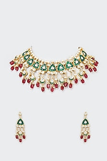 Gold Finish Green Kundan Polki Necklace Set