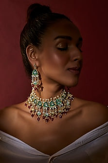 Gold Finish Green Kundan Polki Necklace Set