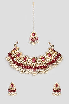 Gold Finish Kundan Polki & Red Stones Necklace Set