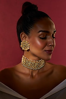 Gold Finish White Kundan Polki Choker Necklace Set