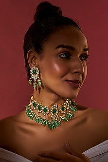 Gold Finish Green Kundan Polki Necklace Set