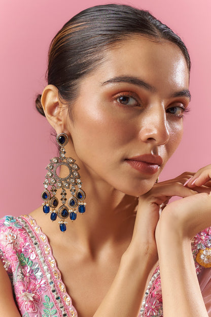 Two Tone Finish Blue Kundan Polki Chandbali Earrings