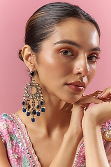 Two Tone Finish Blue Kundan Polki Chandbali Earrings