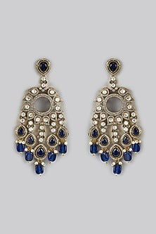 Two Tone Finish Blue Kundan Polki Chandbali Earrings