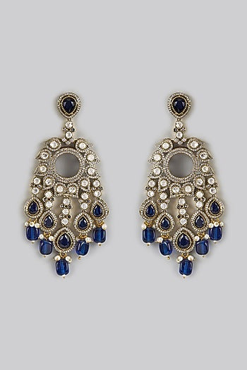 Two Tone Finish Blue Kundan Polki Chandbali Earrings