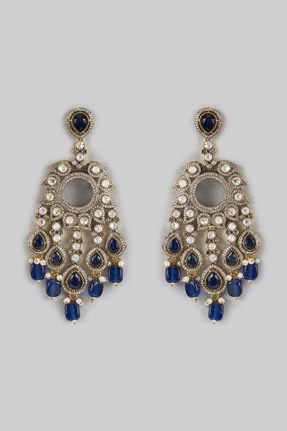 Two Tone Finish Blue Kundan Polki Chandbali Earrings