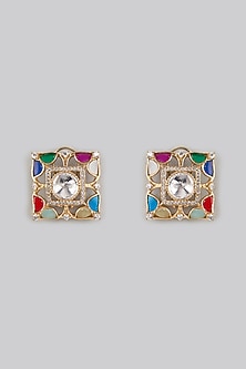 Gold Finish Multi-Colored Kundan Polki Stud Earrings