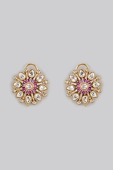 Gold Finish Red Kundan Polki Stud Earrings