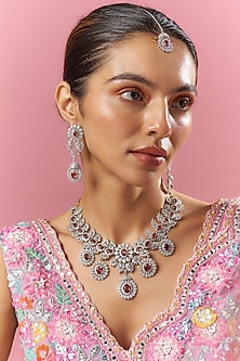 White Finish Red Zircon Necklace Set