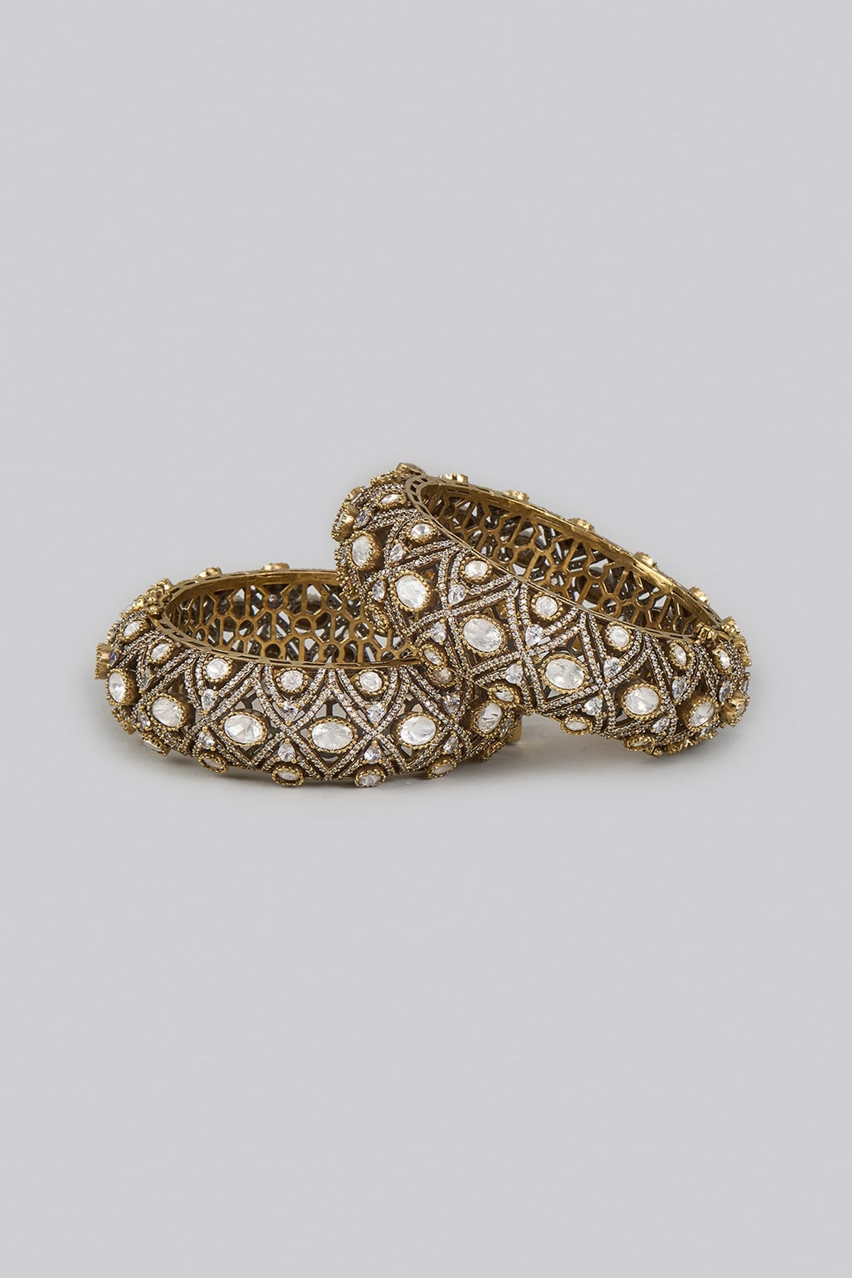 Two Tone Finish White Kundan Polki Bangles (Set Of 2)