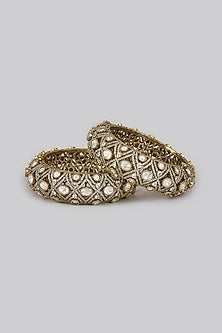 Two Tone Finish White Kundan Polki Bangles (Set Of 2)
