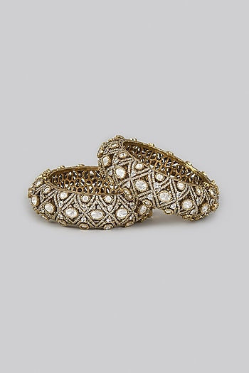 Two Tone Finish White Kundan Polki Bangles (Set Of 2)