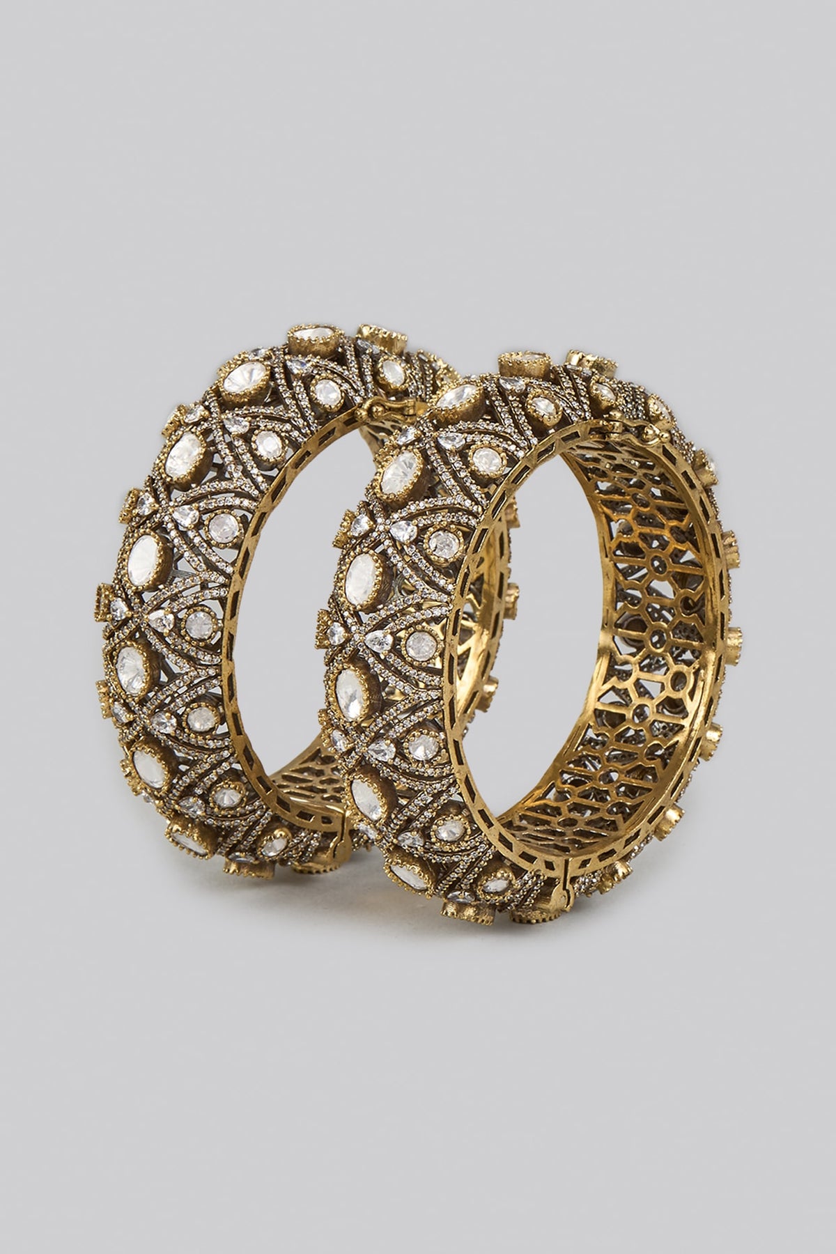 Two Tone Finish White Kundan Polki Bangles (Set Of 2)