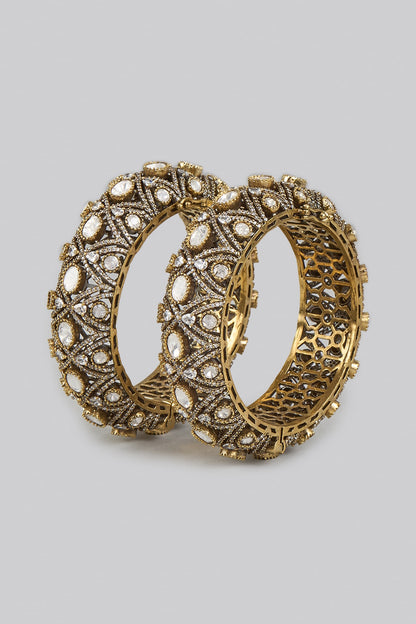 Two Tone Finish White Kundan Polki Bangles (Set Of 2)