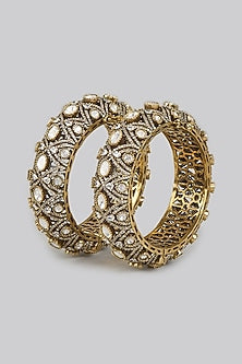 Two Tone Finish White Kundan Polki Bangles (Set Of 2)