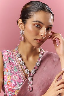 White Finish Pink Zircon Long Necklace Set