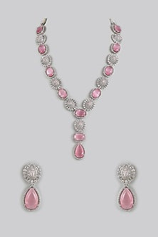 White Finish Pink Zircon Long Necklace Set