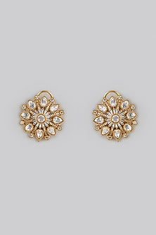 Gold Finish White Kundan Polki Stud Earrings