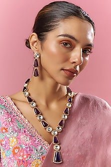 Gold Finish Blue Kundan Polki Long Necklace Set