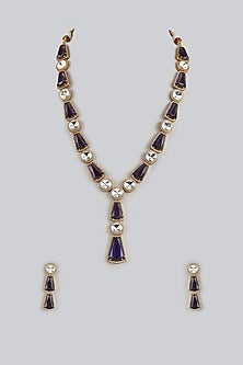 Gold Finish Blue Kundan Polki Long Necklace Set